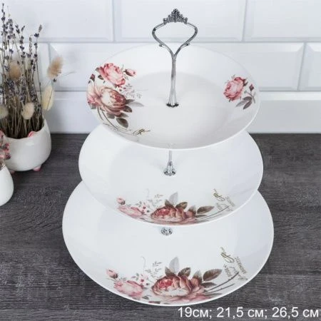 Этажерка 3-х ярусная стеклокерамика 19/21,5/26,5см Чайная роза FLMLQP75/85/105 (20032) (12)