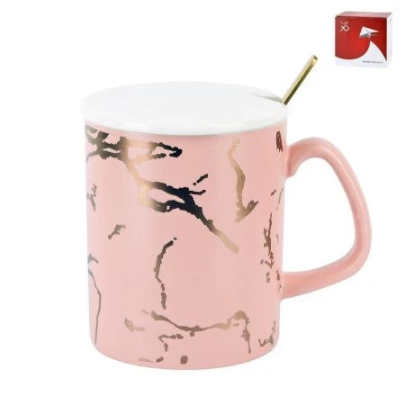 Кружка 380мл фарфор РОЗОВЫЙ МРАМОР с крышкой и ложкой подар.уп. (60)