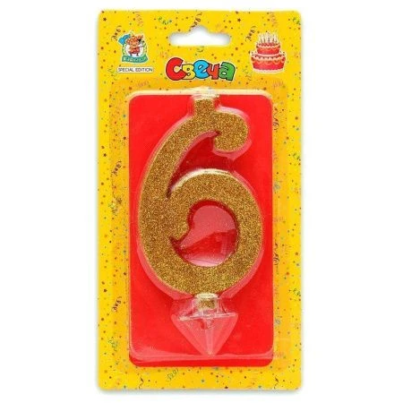 Свеча для торта Золотой глиттер большая Цифра 6 С-1898(12)