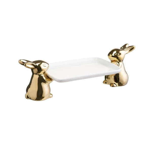 Тортовница 18,5см h12см фарфор прямоугольная белая с двумя золотыми кроликами AYP022-122 (1)