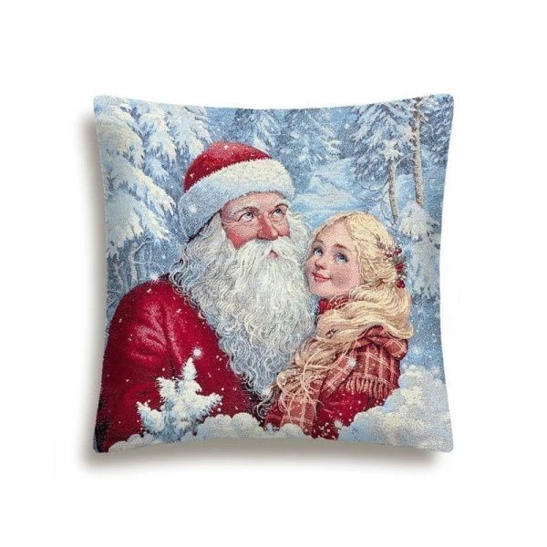 Наволочка декоративная новогодняя 44*44см гобелен МОРОЗ КО И НАСТЕНЬКА серебряный люрекс