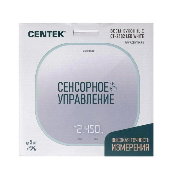 Весы кухонные электронные стекло 5кг Centek CT-2482 18*18см, LCD белые (12)