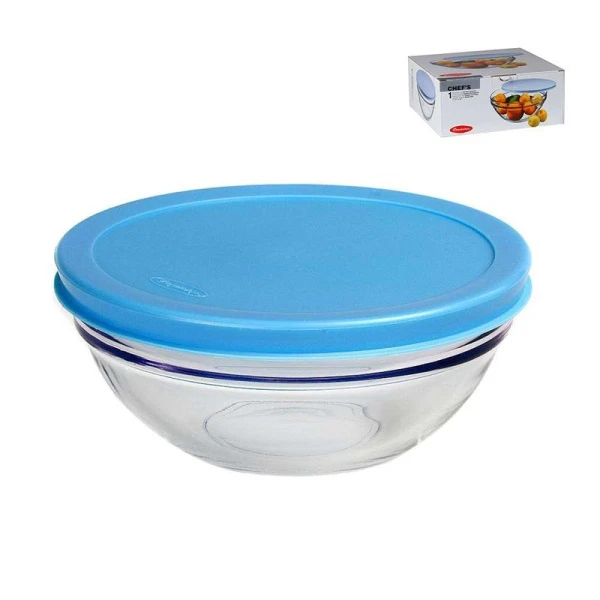 Салатник 23см 2л стекло ШЕФС с голубой крышкой (4)