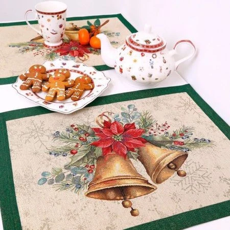 Салфетки новогодние набор 2шт 35*45см гобелен КОЛОКОЛЬЧИКИ зеленый бордюр золотой люрекс