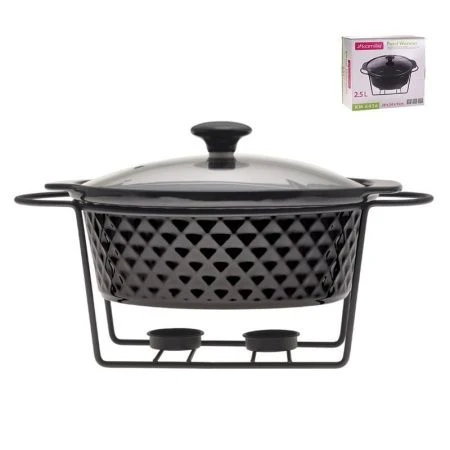 Мармит 2,5л 28*24*9см керамика круглый 2 свечи мет.подставка черный арт.6426 (4)