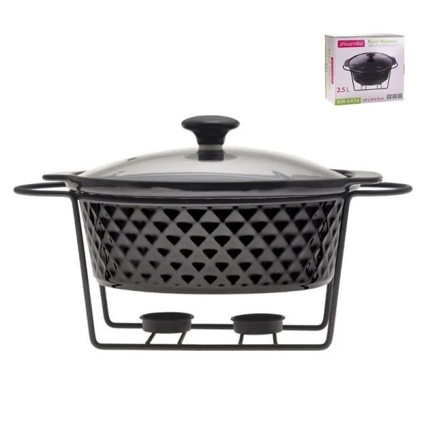 Мармит 2,5л 28*24*9см керамика круглый 2 свечи мет.подставка черный арт.6426 (4)