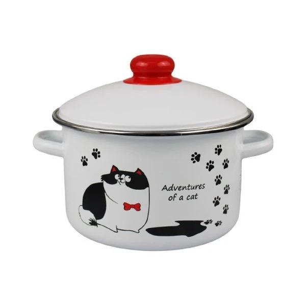 Кастрюля 2л эмаль КОТЫ белая с рис. 01-1610/4 (8)