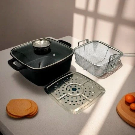 Кастрюля-фритюр 24см ал с АП стекл.крышка Black Marble (6)