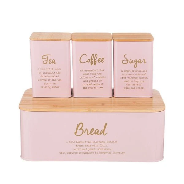 Хлебница 34*18*12,5см+банка для сыпучих продуктов 3шт. 10*10*14см окр. нерж.сталь с бамбук.крышками