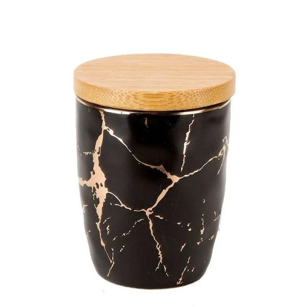 Банка для сыпучих продуктов 200мл 7*9см фарфор с бамбук.крышкой Черный мрамор (12) ВЫВОД
