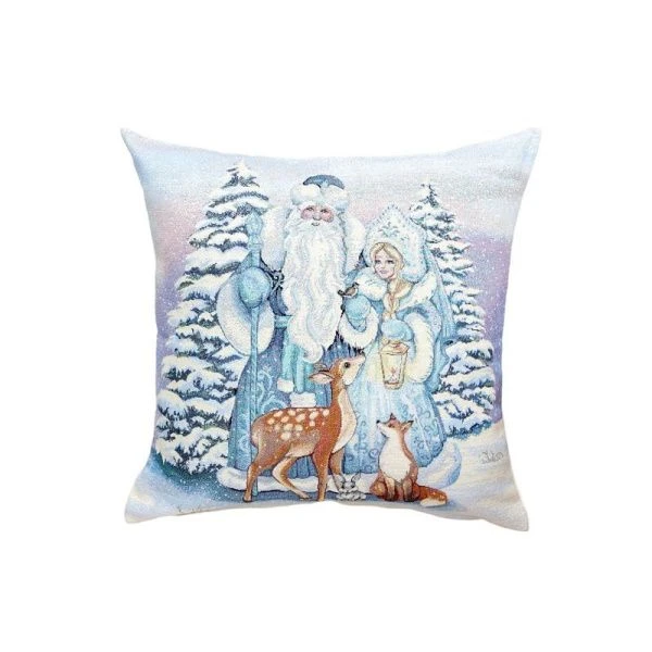 Наволочка декоративная новогодняя 45*45см гобелен СНЕГУРОЧКА, ДЕД МОРОЗ И ОЛЕНЬ серебряный люрекс