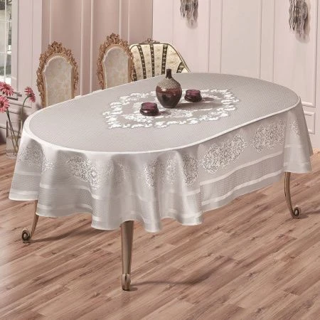 Скатерть 160*220см жаккард овальная пано Karna CARAMEL (Серый)