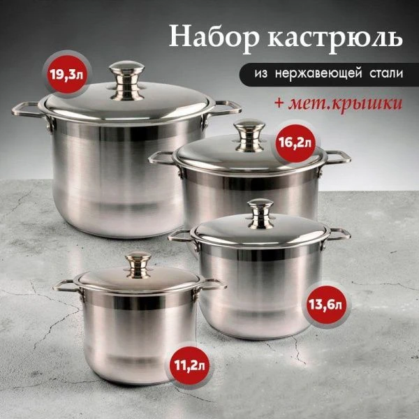 Набор кастрюль 4пр (11,2/13,6/16,2/19,3л) нерж.сталь с мет.крышками JC-18165 (2)