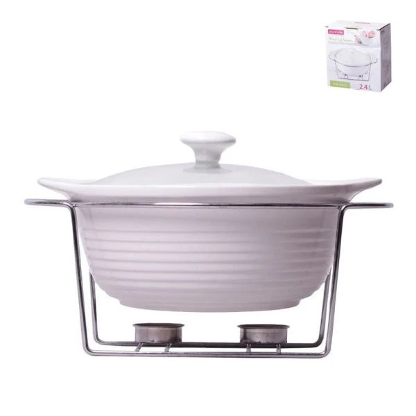 Мармит 2,4л 32*14,5*24см керамика круглый 2 свечи (стекл.крышка, мет.подставка) арт. 6401 (4)