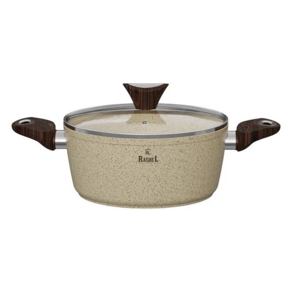 Кастрюля 6,5л алюминий АП гранитное со стекл.крышкой 28см, кремовая, индукция (6)