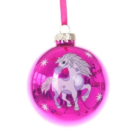 Игрушка новогодняя на елку Шар с лошадкой стекло 8*8*9см фиолетовый (6/72)