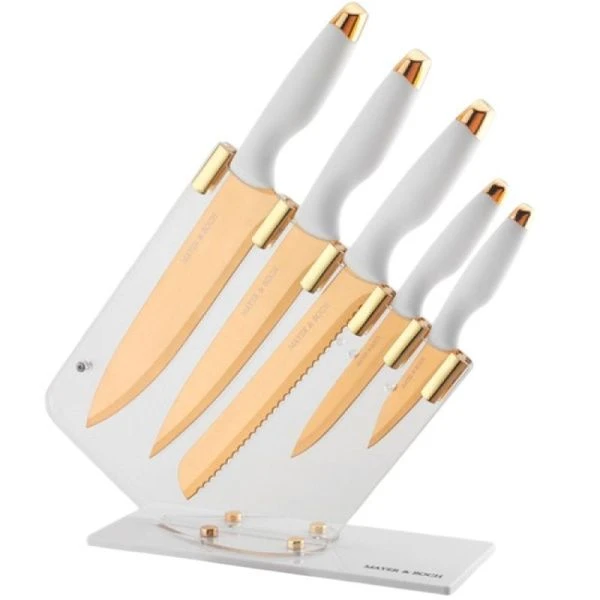 Набор ножей 5пр нерж.сталь пласт.ручка белая, на пласт.подставке MB40606 (6)