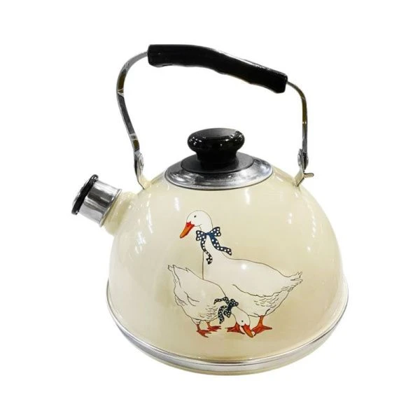 Чайник со свистком 2,5л эмаль ГУСИ подвиж.ручка слоновая кость (декор нерж.) (4)