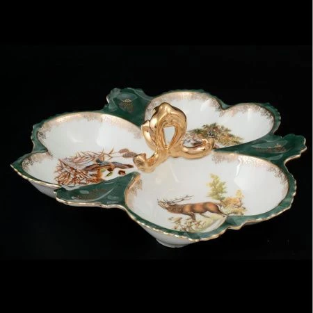 Менажница 3 секции фарфор ОХОТА ЗЕЛЕНАЯ Корона 28см Менажница 3 секции фарфор ОХОТА ЗЕЛЕНАЯ Корона 28см