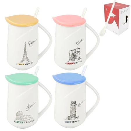 Кружка 480мл керамика с крышкой и ложкой 4 вида JC-10948 (72)