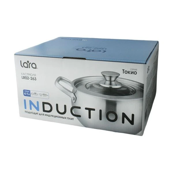 Кастрюля 4,1л нерж.сталь ТОКИО стекл.крышка 20см, h12,5см, индукц.капс.дно LR02-263 (4)