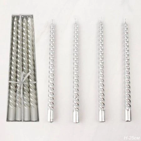 Набор свечей 4шт 25см парафин витые глянцевые серебро LY-152 (144)