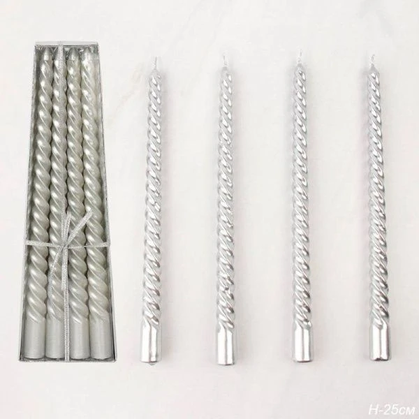 Набор свечей 4шт 25см парафин витые глянцевые серебро LY-152 (144)