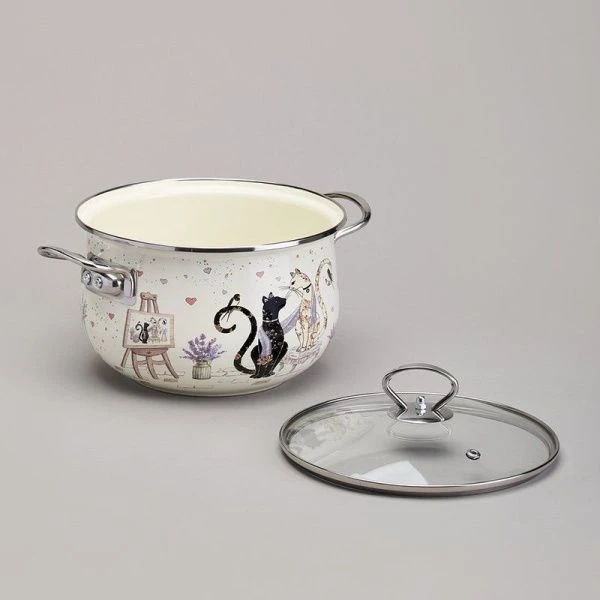 Кастрюля 3,8л эмаль Lavander Cats со стекл.крышкой 22см (6)