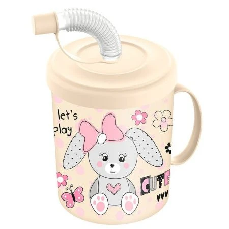 Кружка детская 300мл пластик с декором ЗАЙКА с крышкой и трубочкой светло-бежевый (18) 221502825/01