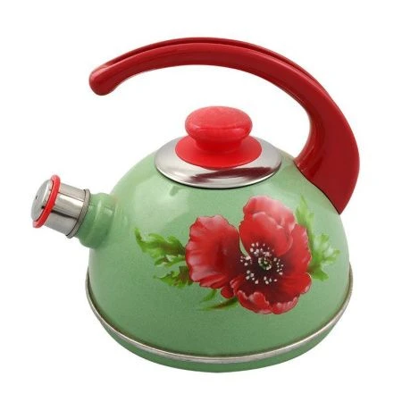 Чайник со свистком 2,5л эмаль МАКОВЫЙ ЦВЕТОК селадон конс.ручка красная декор нерж Т04/25/10/04/Н13(4)
