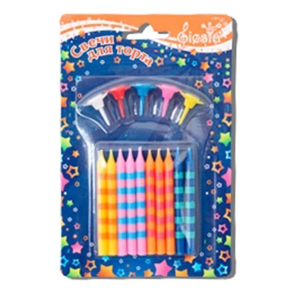 Набор свечей для торта стеарин Неон полосатые 10шт. 6см арт. NE22А-1 (24) Набор свечей для торта стеарин Неон полосатые 10шт. 6см арт. NE22А-1 (24)